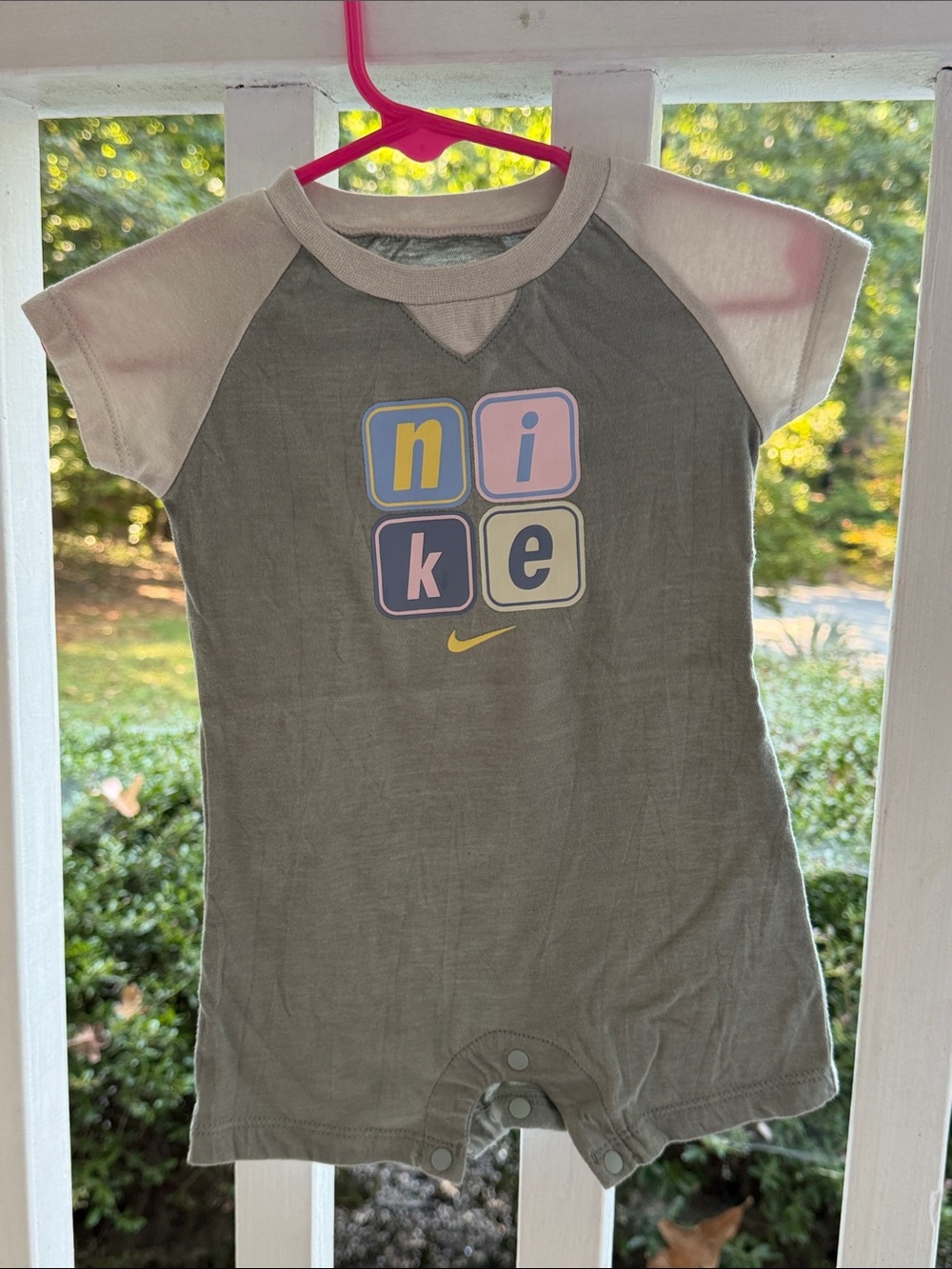 Nike Green and Cream Short-Sleeve Baby Romper with Pastel Logo